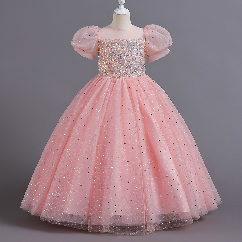 8903 Abito per bambini Bambina principessa con paillettes Manica a palloncino Maglia lunga Fiore Bambina Matrimonio per l'estate