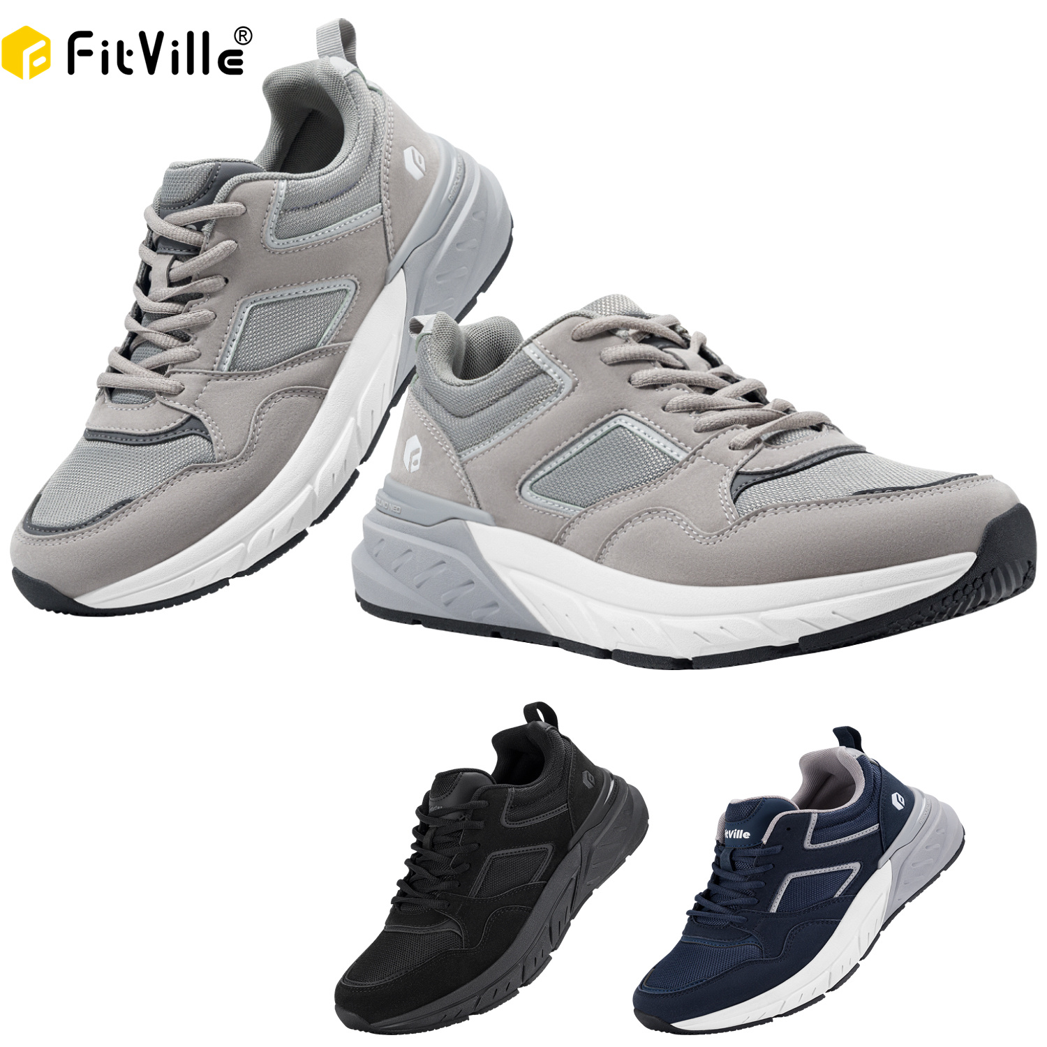 FitVille Mais Novos tênis de corrida para homens 4E tênis de largura larga com suporte de arco para pés chatos calcanhar alívio da dor fascite plantar