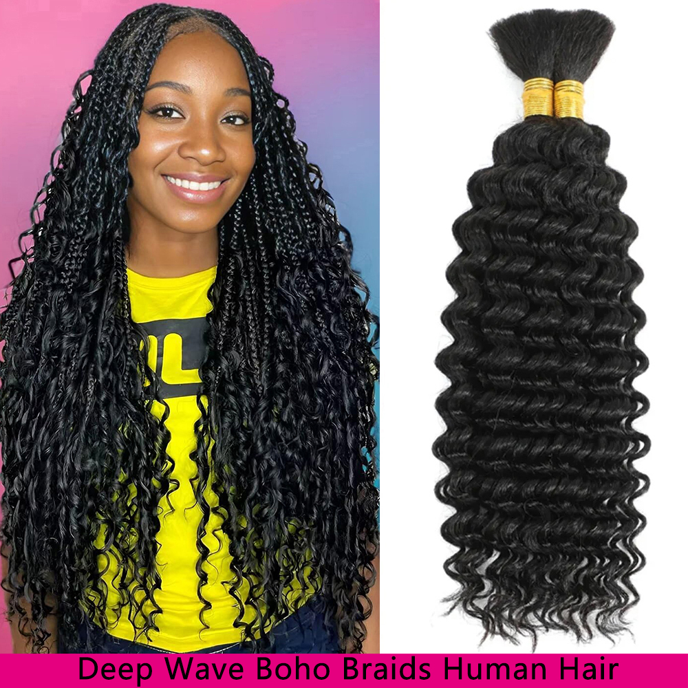Cabello humano a granel de onda profunda de 26 pulgadas, 2 mechones de cabello humano, cabello trenzado brasileño de 100g para mujeres, trenzas bohemias, extensiones de cabello humano