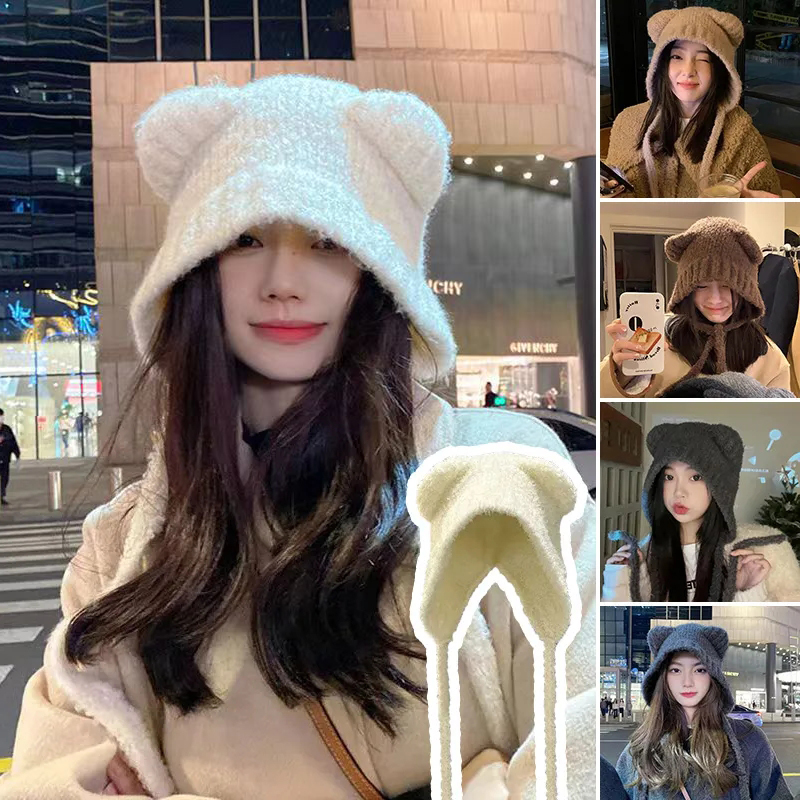 귀여운 소녀 니트 귀 보호 모자 곰 여성 귀마개 모자 모직 크로 셰 뜨개질 보닛 솔리드 컬러 후드 비니 겨울 따뜻한 헤드 기어 모자