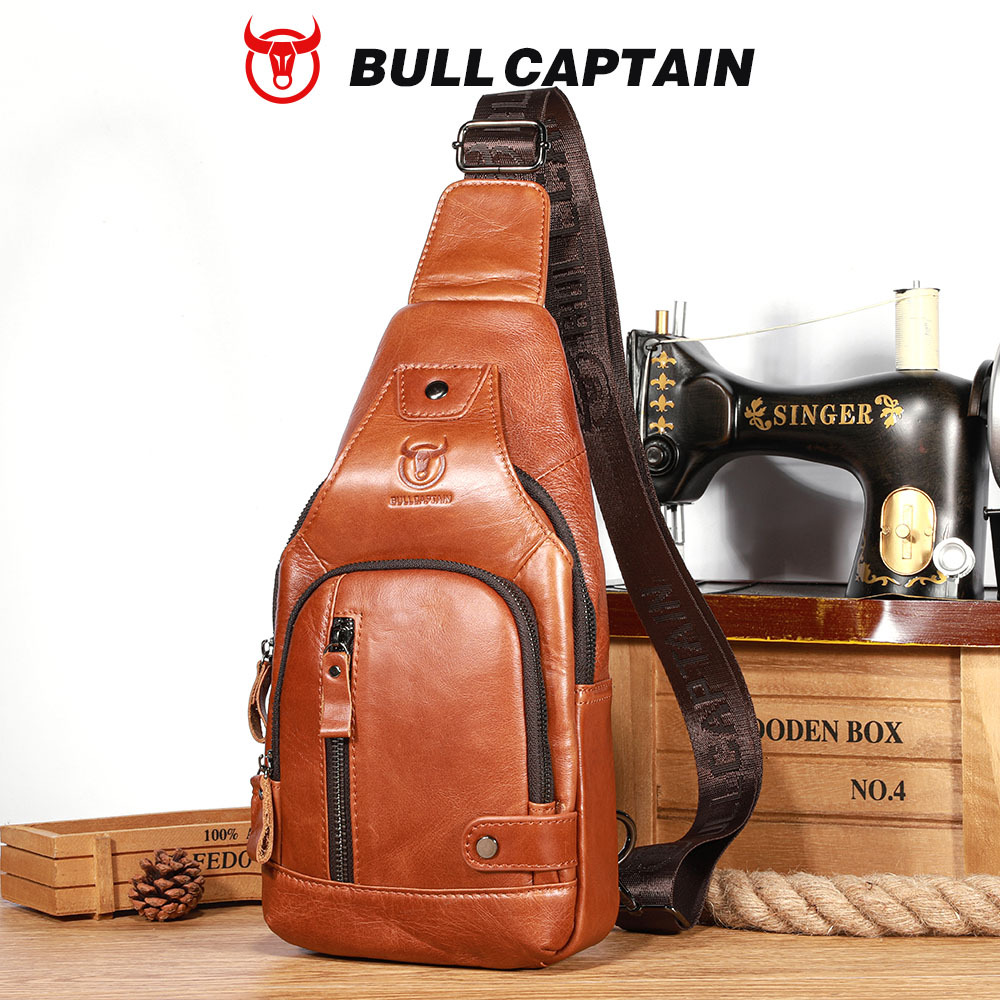 Bullcaptain Herren-USB-Brusttasche, 100 % echtes Leder, Umhängetaschen, multifunktional, für Reisen, Outdoor, Messenger-Pack, modisch
