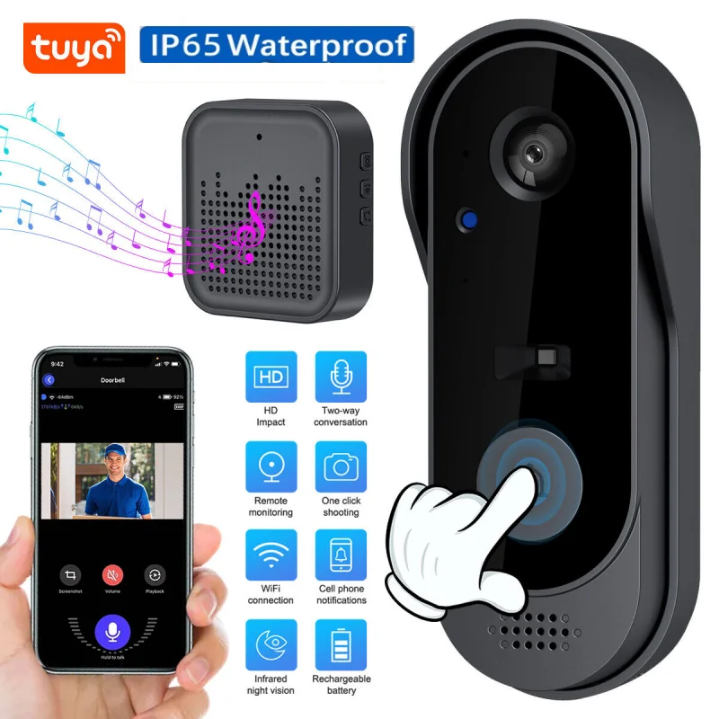 Timbre Tuya con cámara, paquete inalámbrico, timbre de vídeo WIFI HD, timbre de puerta para teléfono exterior, cámara de seguridad, videoportero IR