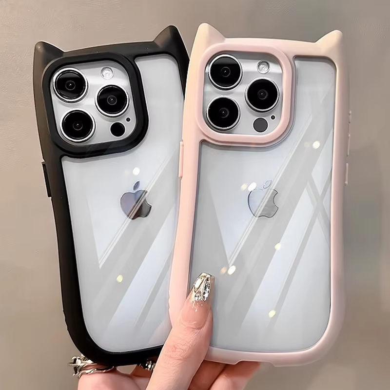 Soft Silicone Cute Cat Ear Phone Case For iPhone 16 17 13 15 14 12 11 Pro Max Air XS Max Funda Transparent Shockproof Back Cover