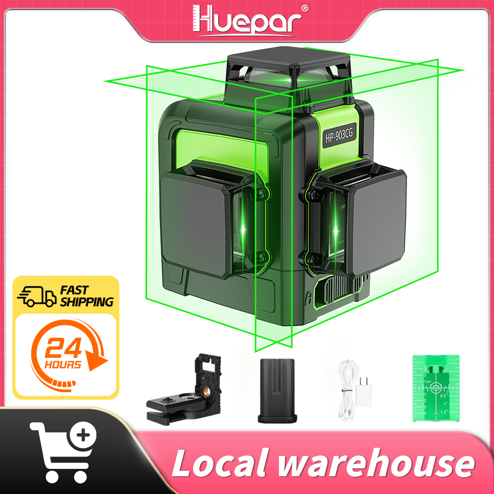 Huepar Professional 12-liniowa poziomica laserowa 3D poprzeczna z samopoziomowaniem, 360 °   Pionowy i poziomy, i zielony laser Osram