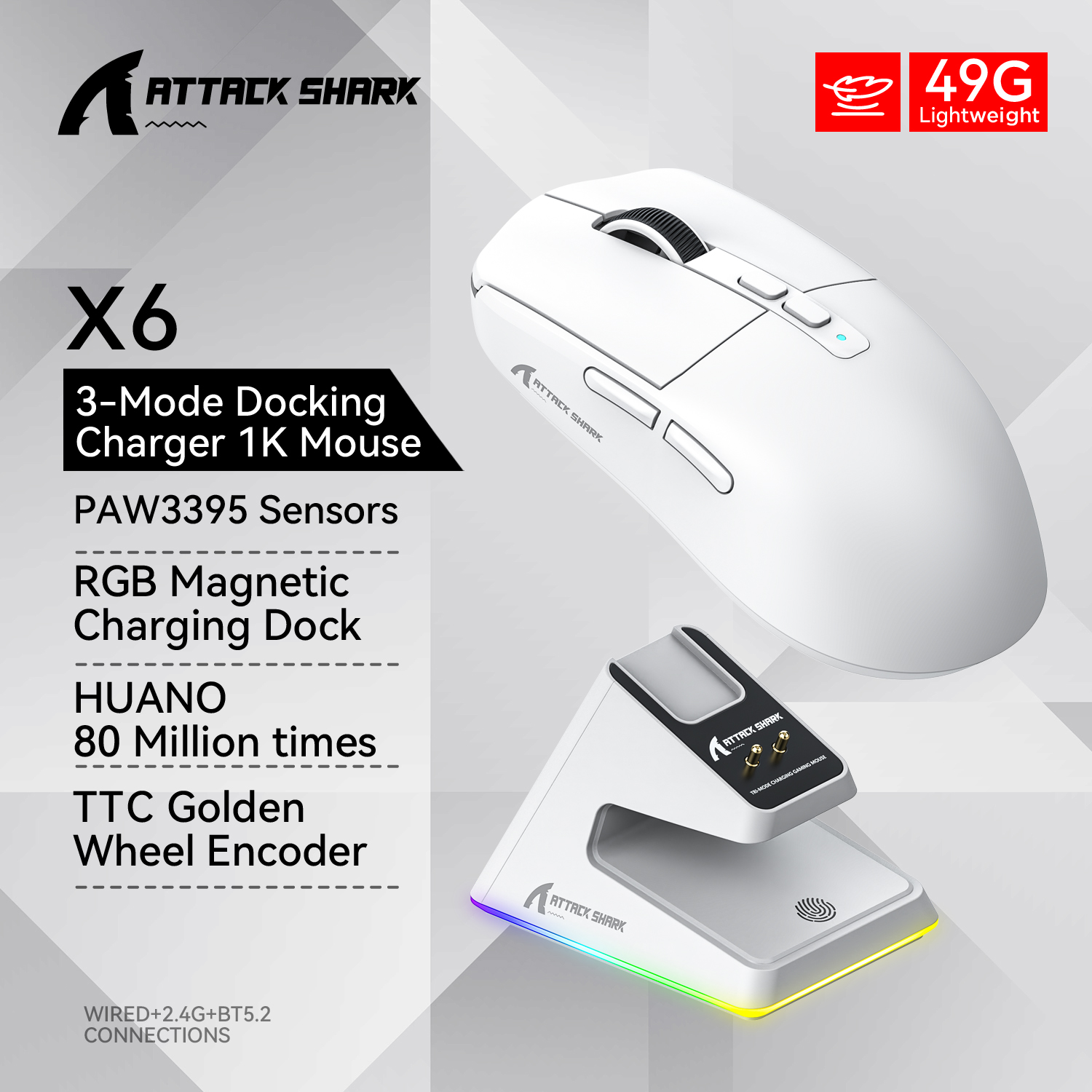 Ratón inalámbrico para juegos Attack Shark X6, conexión triple modo Bluetooth, PAW3395, RGB, Base de carga magnética táctil, ratón Macro para juegos