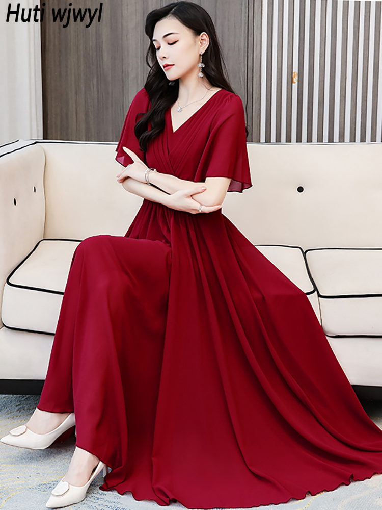 ชุดเดรสยาวคอวีแขนสั้นผ้าชีฟองสีพื้นแบบเกาหลีชุดเดรสยาวคลุมเข่าสำหรับปาร์ตี้หรูหราสีชมพูสำหรับ2024ใส่ฤดูร้อน