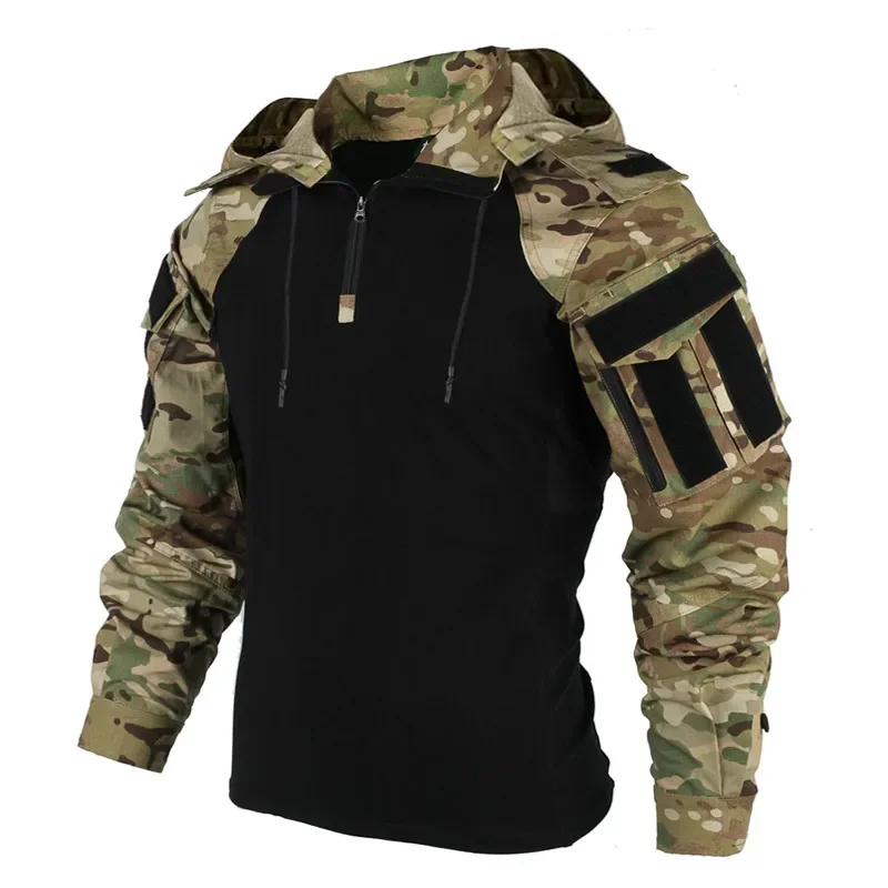 Camisas ao ar livre camo combate camiseta com capuz masculino trabalho tático camisa airsoft paintball acampamento caça roupas resistente ao desgaste