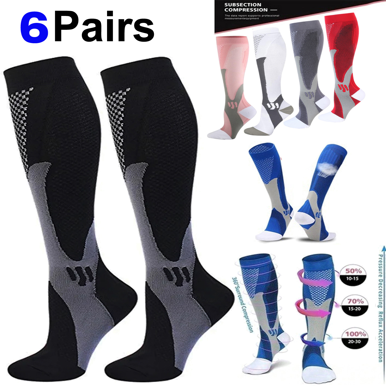 6 pares de calcetines de compresión de 20-30 mmHg, medias altas para hombres y mujeres, deportes, maratón, ciclismo, fútbol, ​​varices, EU35-45