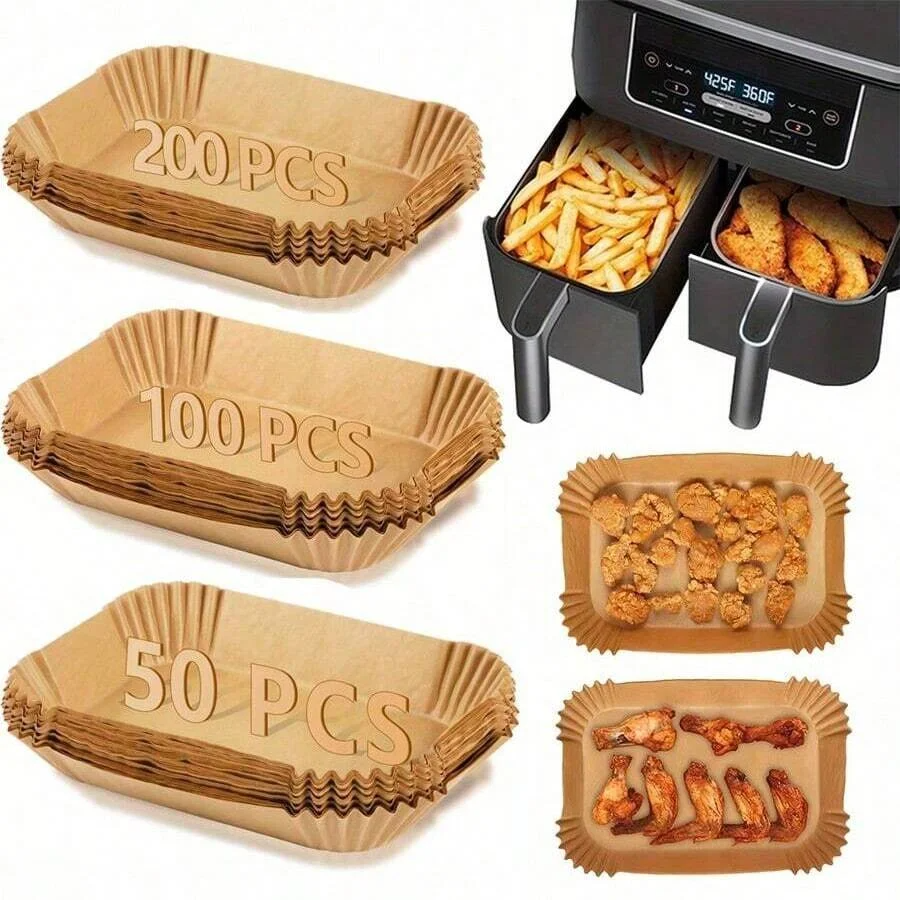 50-200 Peças de Papel Descartável Retangular para Fritadeira de Ar, Tapete Antiaderente para Cozinha, Micro-ondas e Churrasco, Acessórios de Papel para Assar
