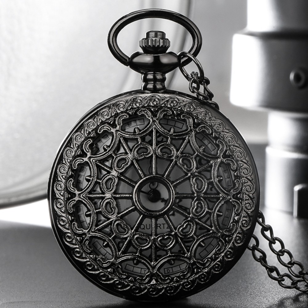 Relógio de bolso de quartzo com padrão de teia de aranha preta oca, presente elegante para homens, mulheres, crianças, fãs, lembrança, presentes de estudantes