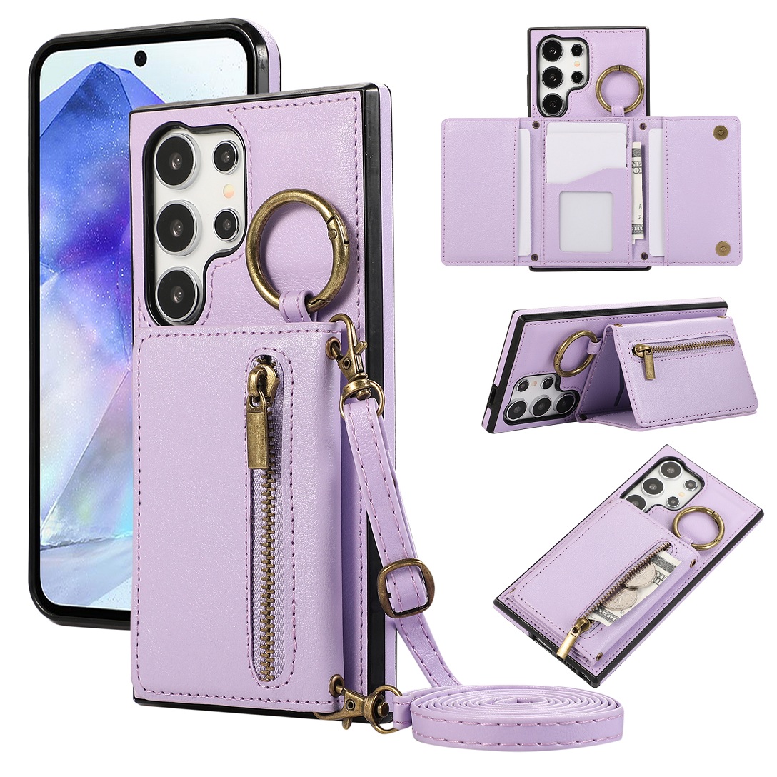 Funda Cartera de Cuero con Cremallera y Anillo para Samsung Galaxy S25 S26 Ultra S23FE S24 Plus A56 A57 A36 A37