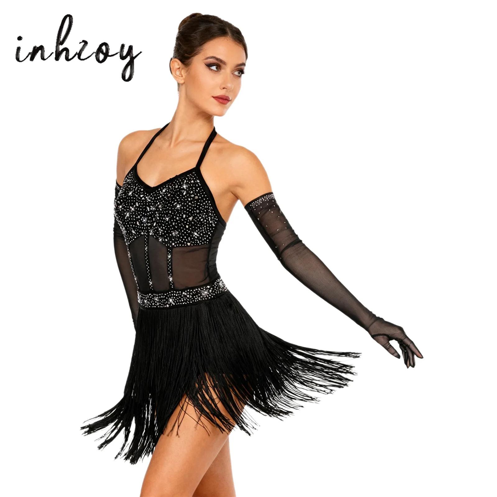 Abito da ballo latino da donna Abito e guanti con nappa a strati patchwork in rete trasparente per abbigliamento da ballo da sala da ballo tango samba