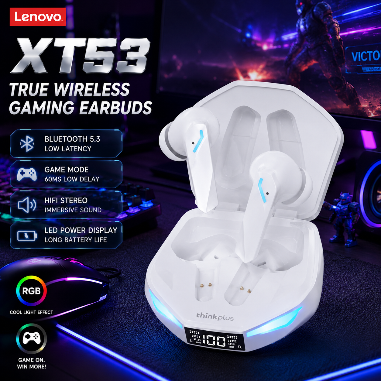 เลอโนโว XT53 ไร้สายบลูทูธ 5.3 หูฟังสำหรับเล่นเกมความหน่วงต่ำโหมดคู่หูฟังเพลงกีฬาชุดหูฟังชนิดใส่ในหูพร้อมไมโครโฟนของขวัญใหม่