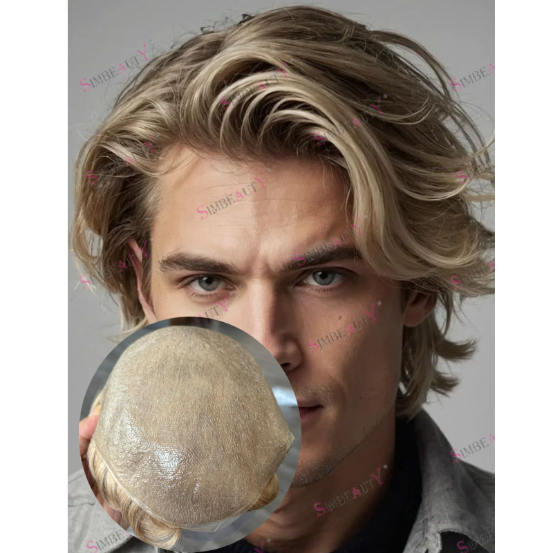 Rambut Manusia Pirang Muda 30mm Gelombang 6 Inci Panjang Wig Pria Garis Rambut Alami Tak Terlihat 110-130 Density Poly Skin Base Toupee Pria