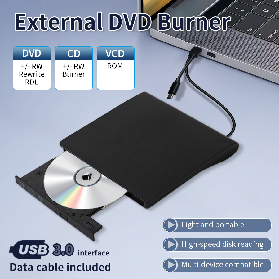 USB 3.0 Typ-C DVD-Brenner-Recorder, externer RW-CD-Brenner, schlankes DVD-ROM, optisches Laufwerk, Lesegerät, tragbar, für PC und Laptop