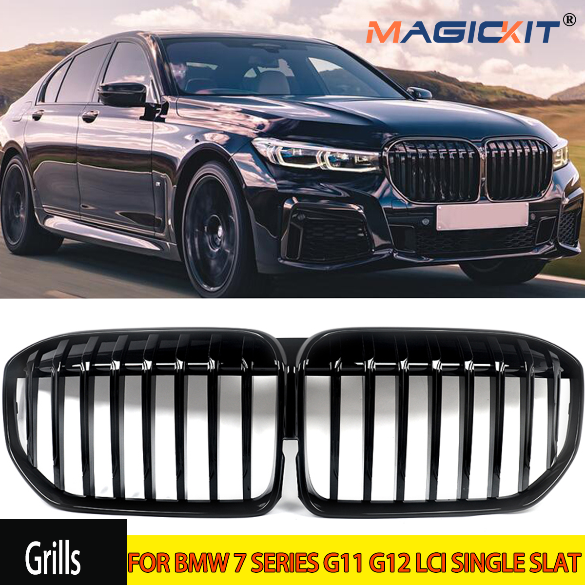 MAGICKIT FOR BMW 7 SERIES G11 G12 LCI SINGLE SLAT FRONT KIDNEY GRILLE GLOSS BLACK 2019+ Accessories