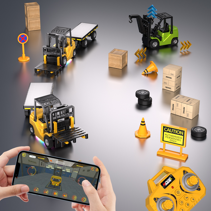 Dapat terhubung ke aplikasi seluler untuk mengontrol forklift mini remote 1:64, kecepatan variabel berbahan alloy dengan efek pencahayaan dan suara, hadiah untuk anak laki-laki