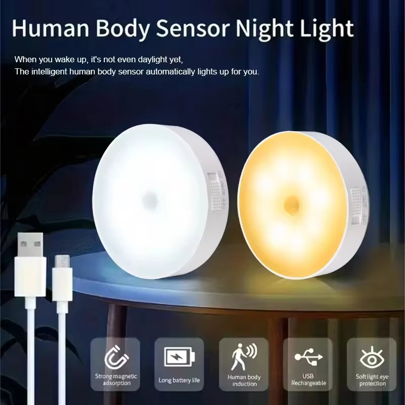 Luz Noturna com Sensor de Movimento GGbingo, Lâmpada LED Sem Fio Recarregável Tipo-C para Armário de Cozinha, Guarda-Roupa e Escada