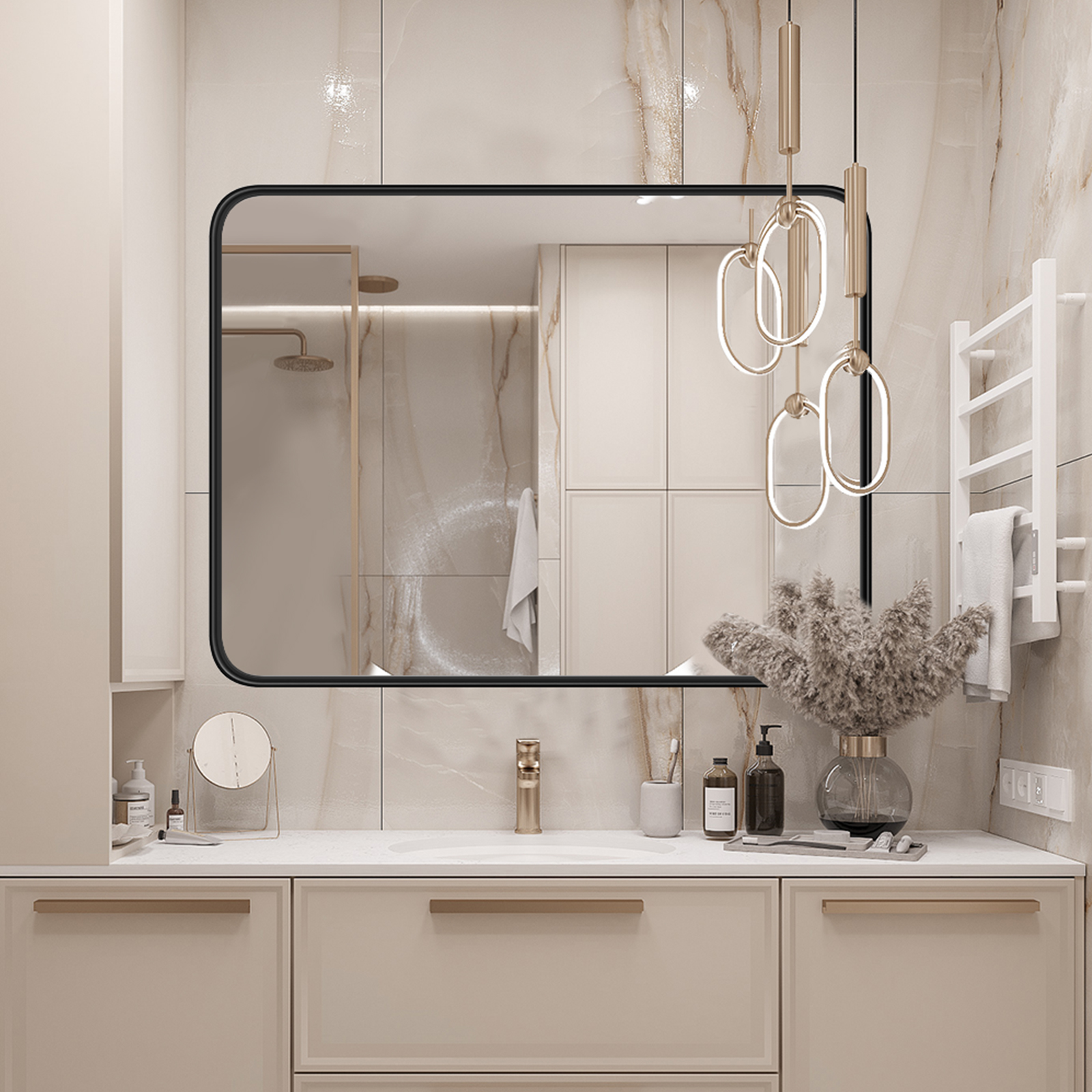 JHK Badezimmerspiegel mit mattem Metallrahmen für die Wand, rechteckiger, abgerundeter Eckspiegel aus gehärtetem Glas, klare Reflexion, modern