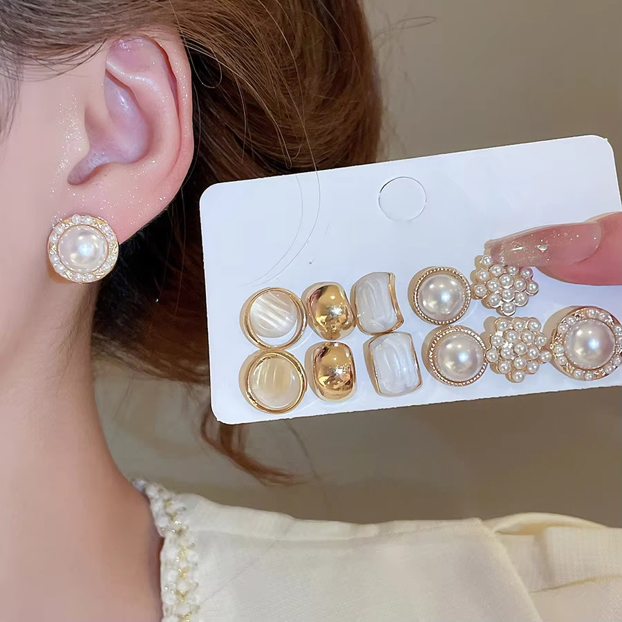 6/10/12 Stück Simulierte Perle Runde Quadratische Ohrstecker Kleine Französische Elegante Daity Ohrstecker für Frauen Tägliche Schmucksets F