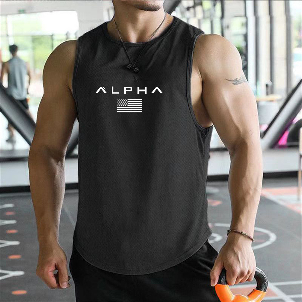 Canotta da uomo Alpha a girocollo stampata, taglia europea, per fitness, sottoveste, canotta da basket a rapida asciugatura per muscoli, per il commercio transfrontaliero