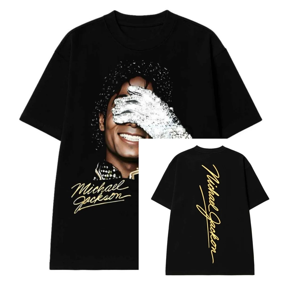 เสื้อยืดลายกราฟิก Michael Jackson Portrait & Gold Signature ทรงโอเวอร์ไซส์ สไตล์ Y2k ผ้าฝ้าย สำหรับผู้ชายและผู้หญิง เสื้อผ้าสตรีทแวร์