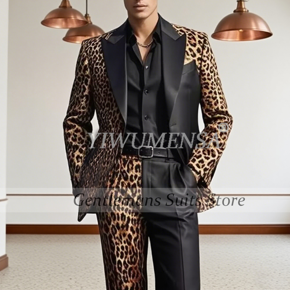Moda masculina leopardo emendado ternos masculino 2 peças define único breasted baile de formatura blazers personalizado estilo britânico casamento noivo smoking