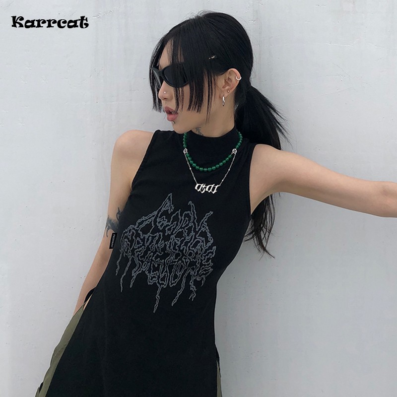 Karrcat Yamamoto estilo camiseta sin mangas negra Grunge gótico cuello alto Tops Cyber Y2k ropa de diseñador elegante ropa de calle estética oscura