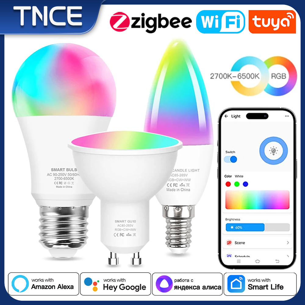 TNCE Tuya E27 E14 GU10 WIFI Zigbee、調光可能なライト LED ランプ 2700-6500k RGB 電球、スマートライフ、音声 Alexa Google ホームアリス
