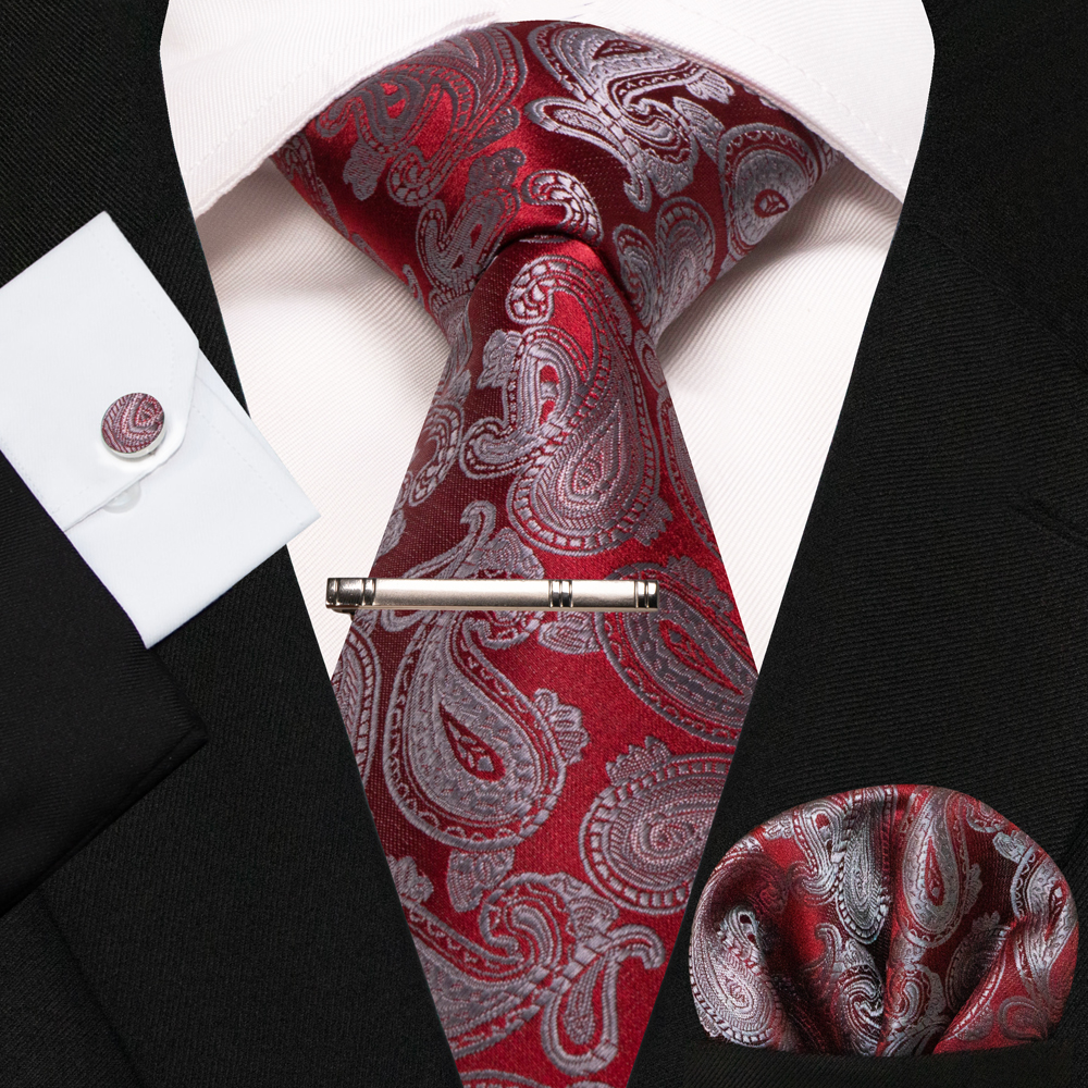 KAMBERFT Nuovo Classico Cravatta da Uomo in Seta Rosso Oro a Righe Cravatta da Uomo Fazzoletto Gemelli Set Matrimonio Affari Festa Gravatas