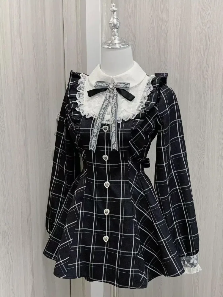 Harajuku Sweet Bow Abiti scozzesi neri All-match Slim Fit Kawaii Lolita Dress per le donne Autunno Nuovi abiti a maniche lunghe De Mujer