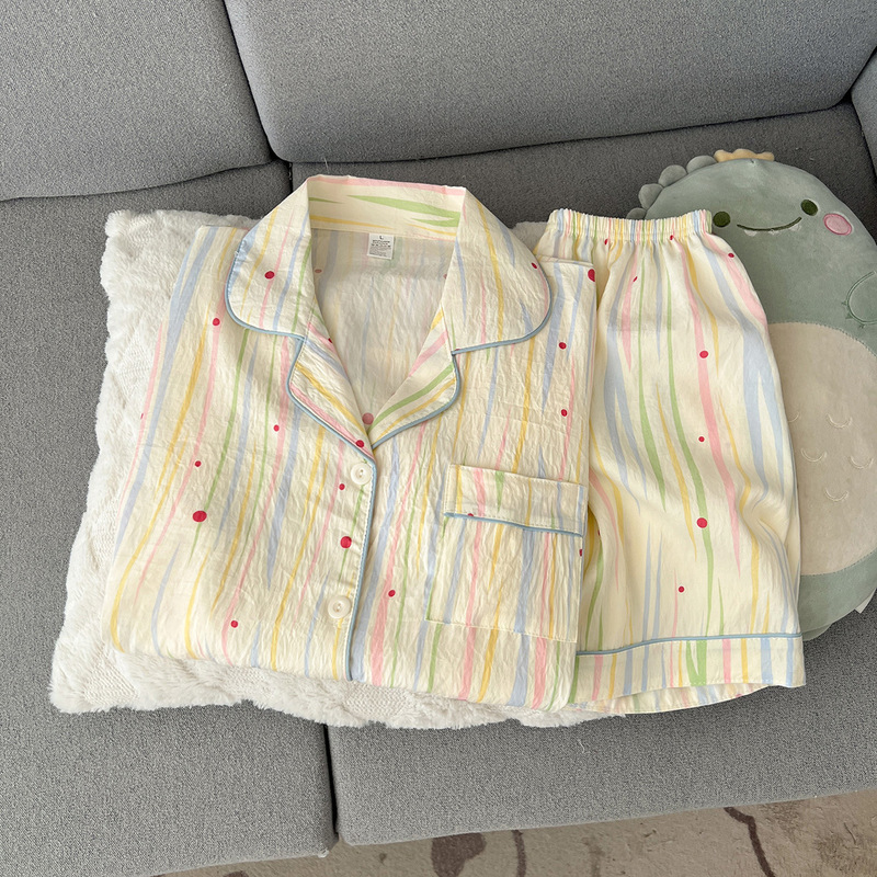 Women's sleepwear, summer short sleeved shorts, breathable and comfortable set, lapel cardigan, home clothes can be worn outside