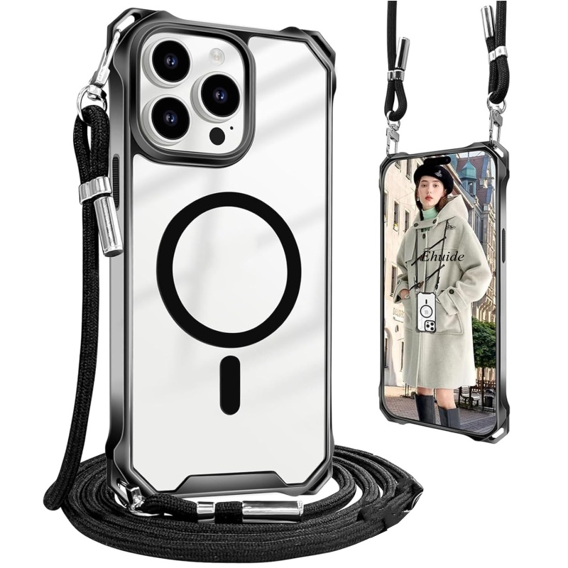 Etui Odporne na Wstrząsy do iPhone 17 Pro Max 16 15 13 12 14 Plus 16E 17E z Magnetyczną Smyczą na Szyję, Paskiem na Ramię, Przezroczyste PC