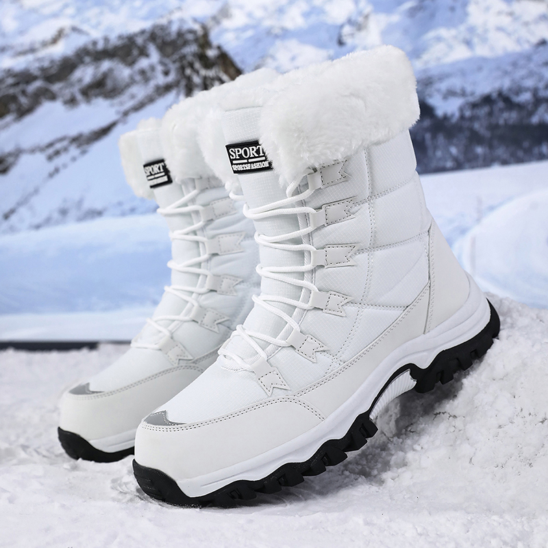Botas de Nieve para Mujer, Color Crema, Forradas de Felpa, Altura Media, Antideslizantes, Resistentes al Desgaste, Cálidas, para Invierno, Esquí, Aire Libre y Uso Diario