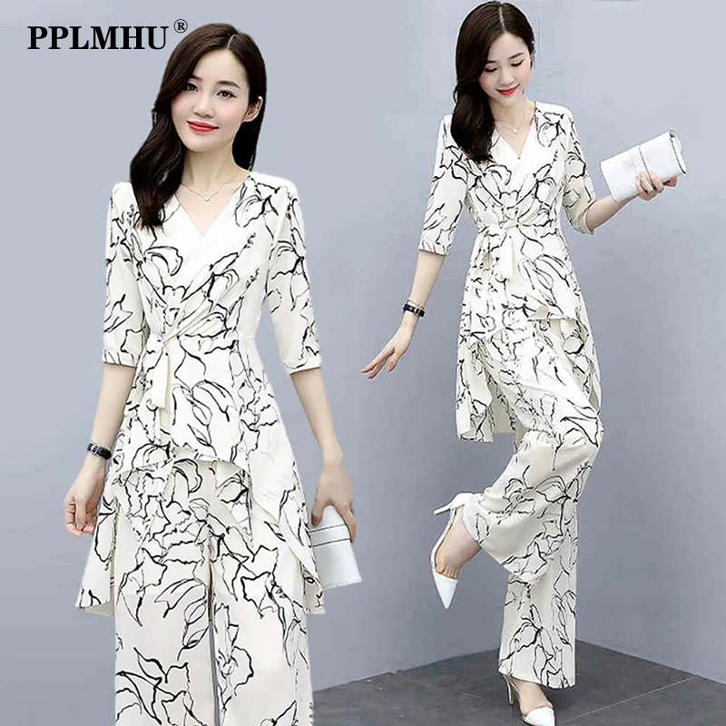 Conjunto de 2 piezas con estampado elegante para mujer, blusa Irregular de moda coreana, traje de pantalón de pierna ancha, conjunto de gran tamaño 4Xl