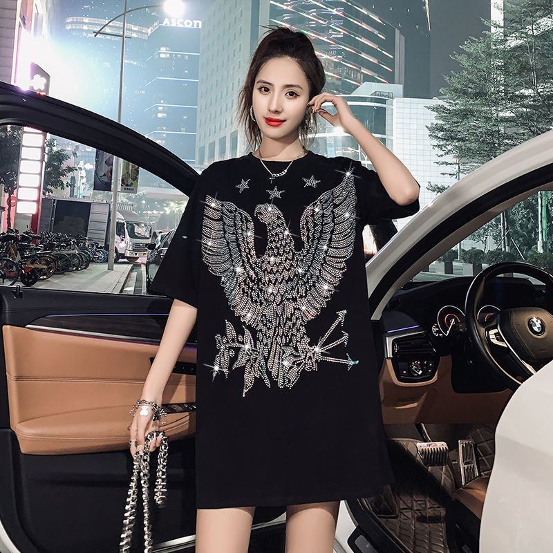 Camiseta de moda para mujer, jerséis de manga corta, ropa suelta por debajo de la rodilla, Tops informales de algodón con perforación caliente, camiseta 4XL 150KG