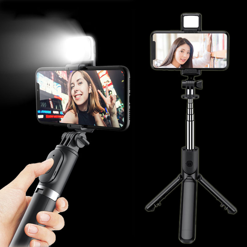 Palo de Selfie 3 en 1, trípode remoto Bluetooth con luz de relleno, soporte plegable para teléfonos inteligentes móviles, soporte de vídeo Tiktok en vivo