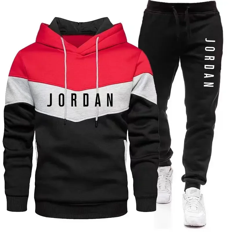 Мужской спортивный костюм JORDAN с вышивкой для зимы и весны - повседневная трехцветная футболка - мужская куртка с капюшоном для бега (один предмет)