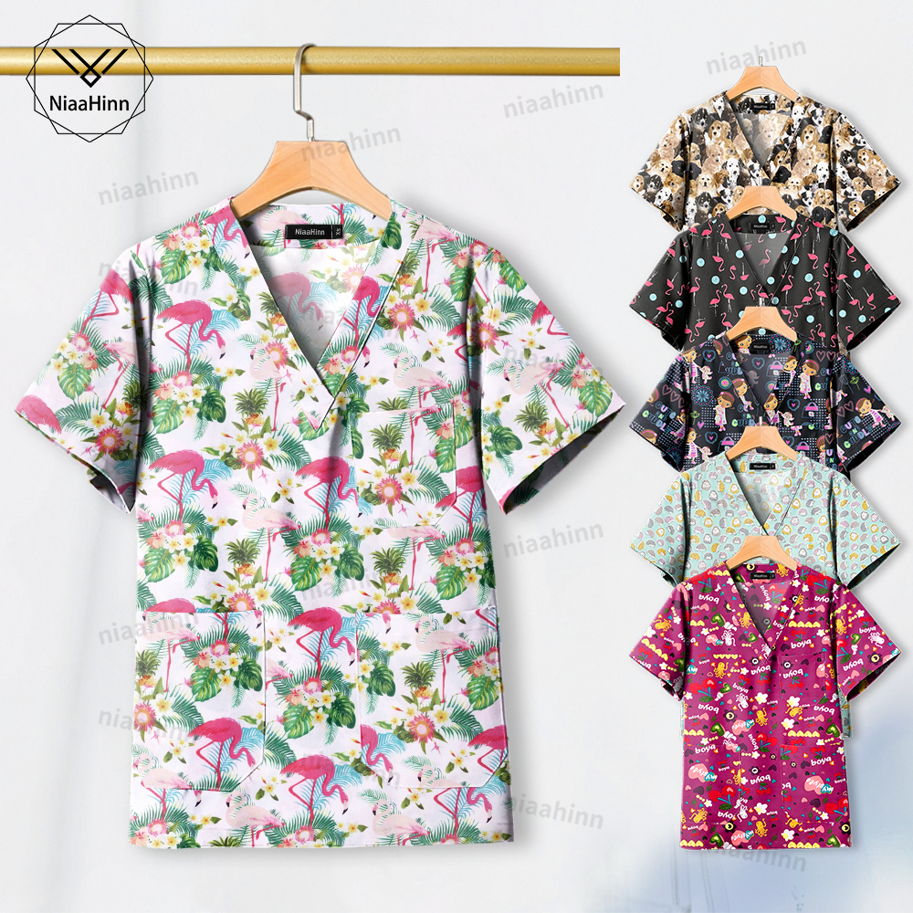 High Quality Printed Scrub Tops Cotton Breathable Work Wear Women Men Spa Beauty Uniform Short Sleeved Cleaning Scrubs Wholesale