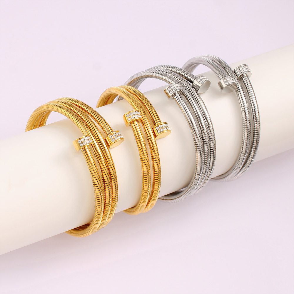 USENSET Pulseira de aço inoxidável em camadas, cor dourada e prateada, para mulheres, charme, textura de fio espiral, joias de mão à prova d'água
