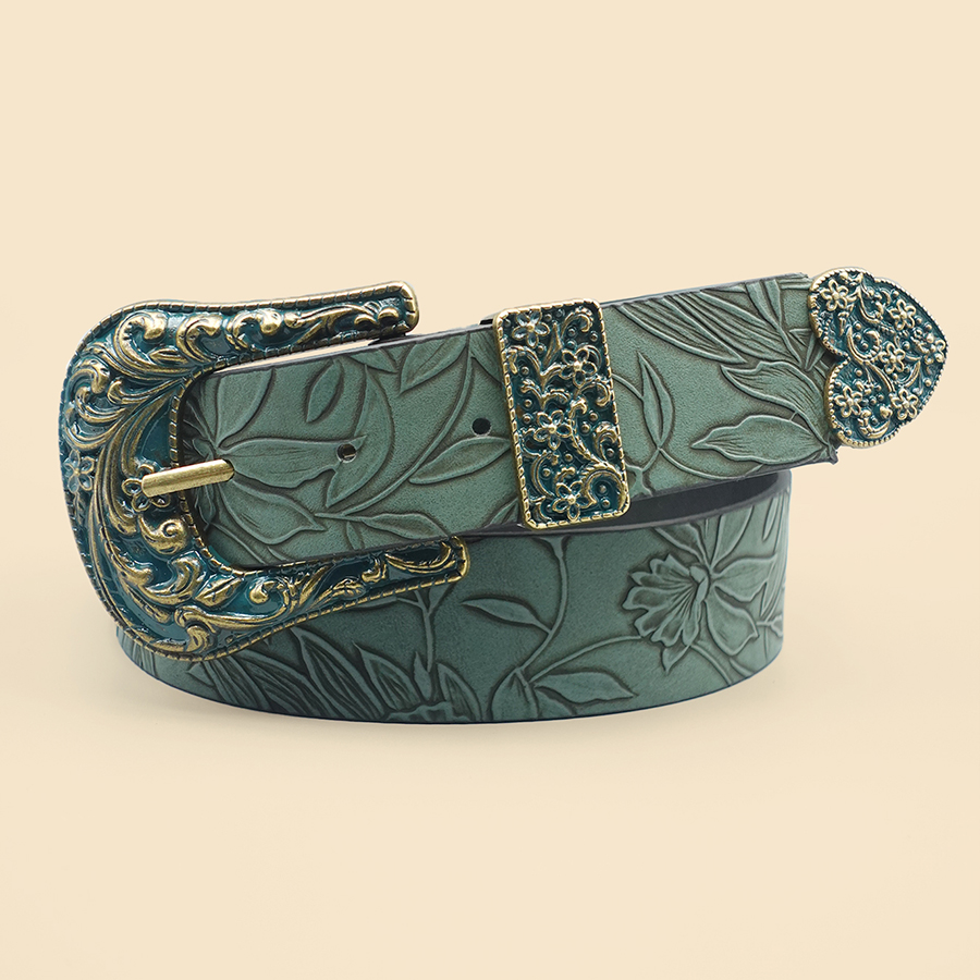 Vintage donkere kleur gesneden damesriem met bladprint, veelzijdig voor herfst en winter casual riem, dagelijkse woon-werkverkeer decoratie