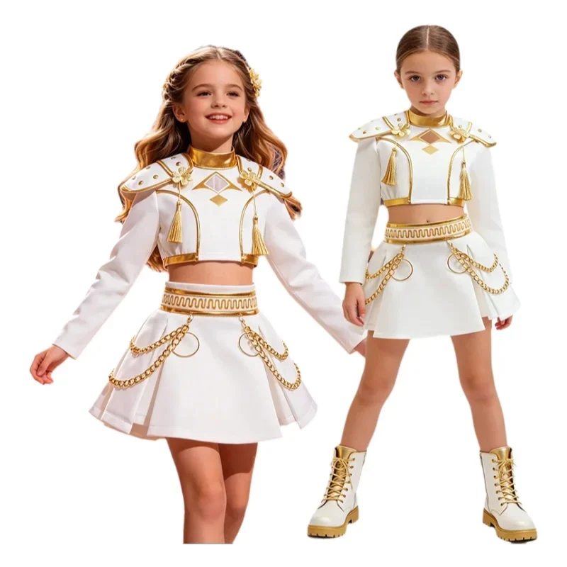 Kit de Disfraz Elegante Blanco y Dorado para Niñas, con Hombreras y Falda con Cadena, para Halloween, Fiestas Temáticas de Cumpleaños, Carnaval y Juegos de Rol