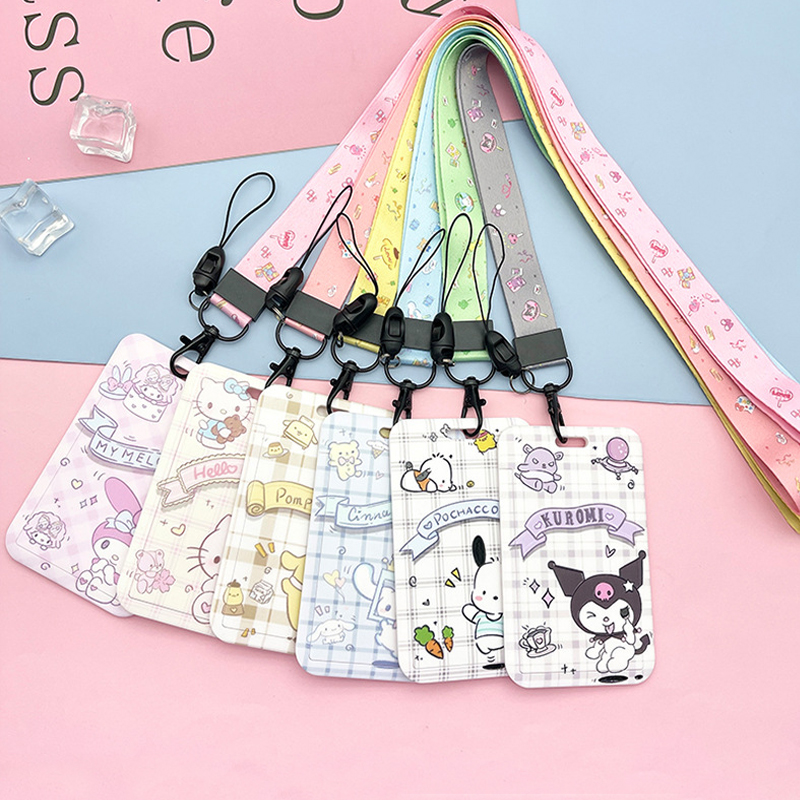 Cinnamoroll-soporte para tarjeta de identificación, colgante con correa para el cuello, tarjeteros de puerta Kuromi, cordones para niñas, cordón Purin con pompón, soporte para credenciales