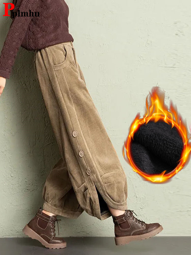 Inverno veludo split veludo harem calças vintage baggy quente feminino pantalones casual cintura alta de pelúcia grosso tornozelo-comprimento calças