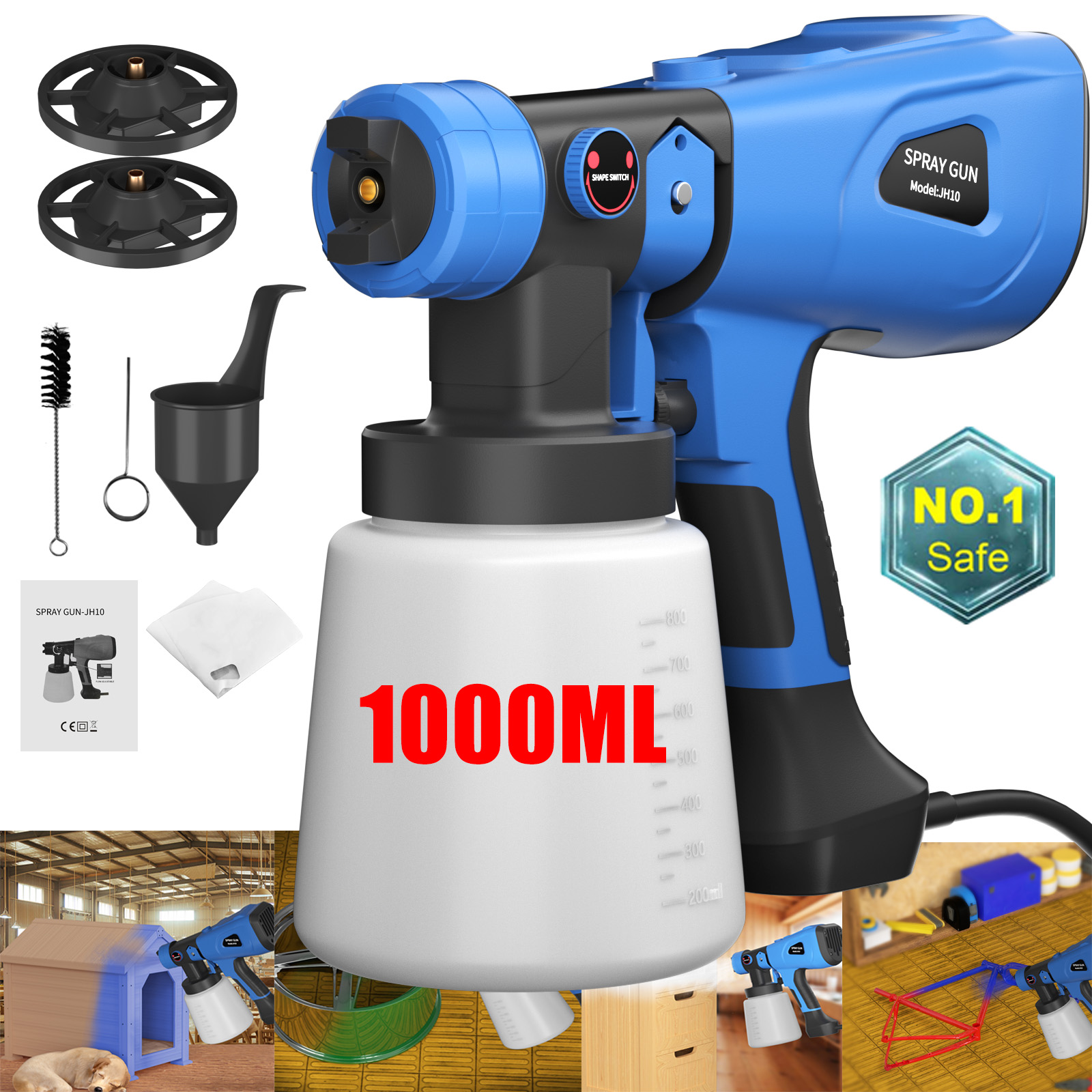Elektrisches Farbspritzgerät DayPlus, 3 Sprühmuster und 1000 ml abnehmbarer Tank, Handspritzpistole für Zuhause, Zäune, Terrassendielen, Garten