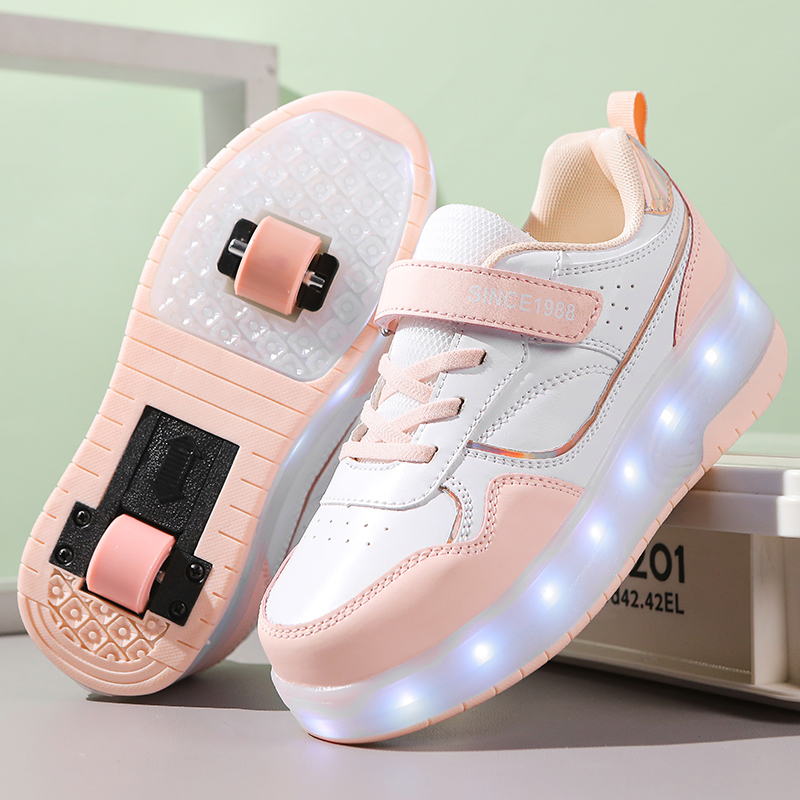 Rosa moda meninas meninos led luz rolo sapatos de skate para crianças tênis com rodas duas rodas tênis para meninos crianças