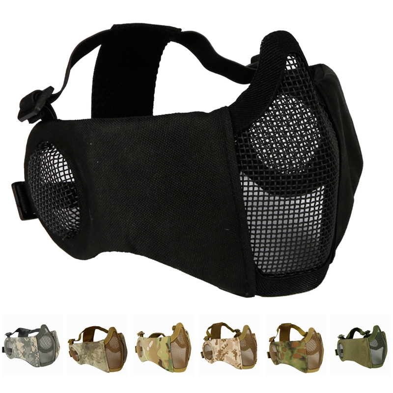 Novas máscaras táticas airsoft paintball cs dobrável meia face malha de aço de baixo carbono estilo militar confortável máscara protetora de orelha