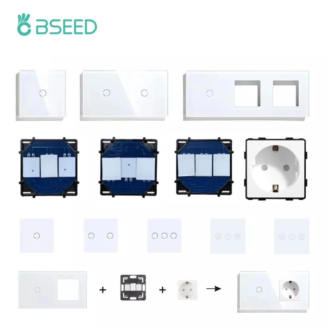 BSEED interrupteur tactile mural 1/2/3 boutons 1/2 voies interrupteur de lumière variateur pièces de fonction panneau de verre cadres prises murales ue pièces de bricolage blanc