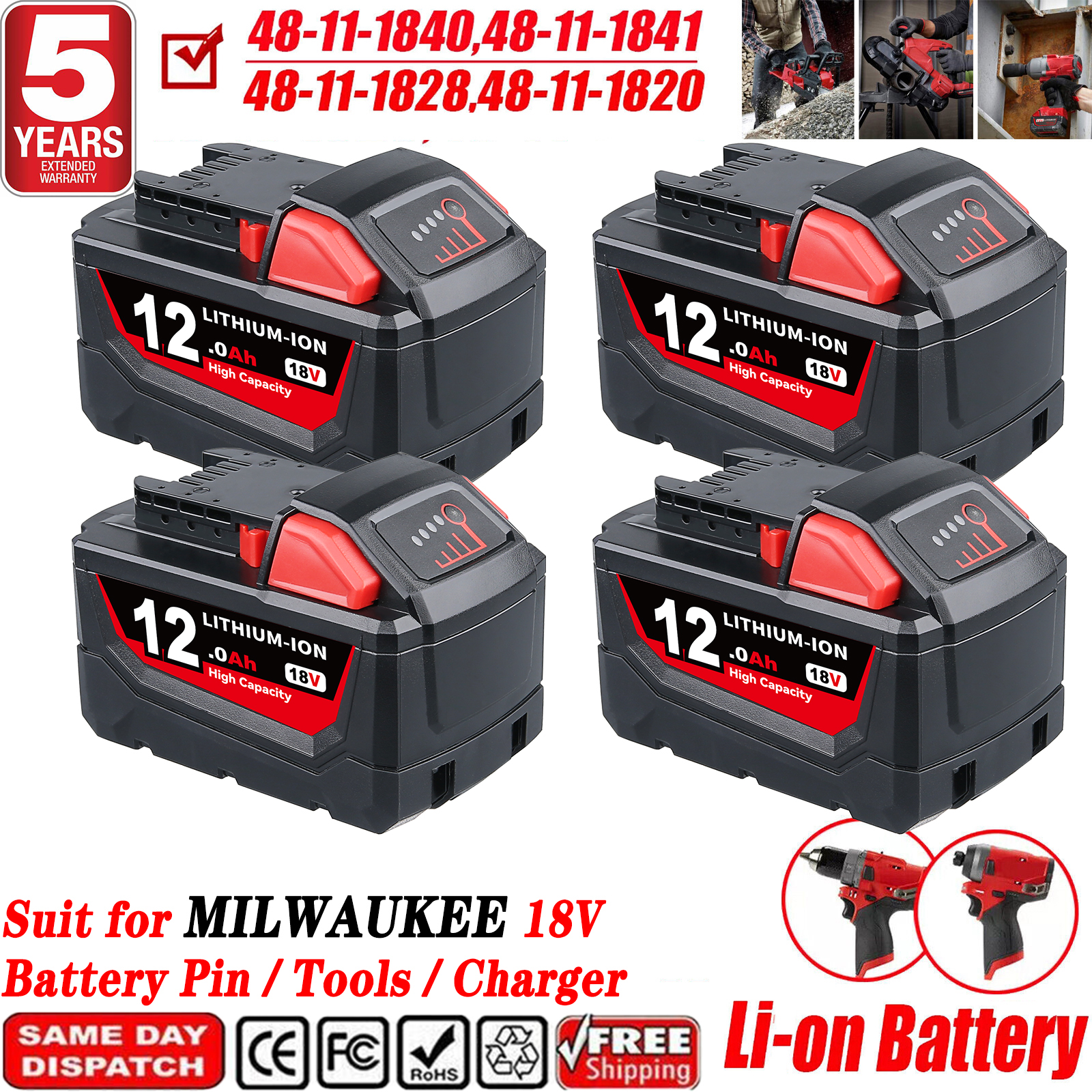 1/2/4Pcs 12.0Ah M18 Replace for Milwaukee 18V Battery Pin Li-on Compatible with 48-11-1890 48-11-1880 48-11-1852 Cordless Tools