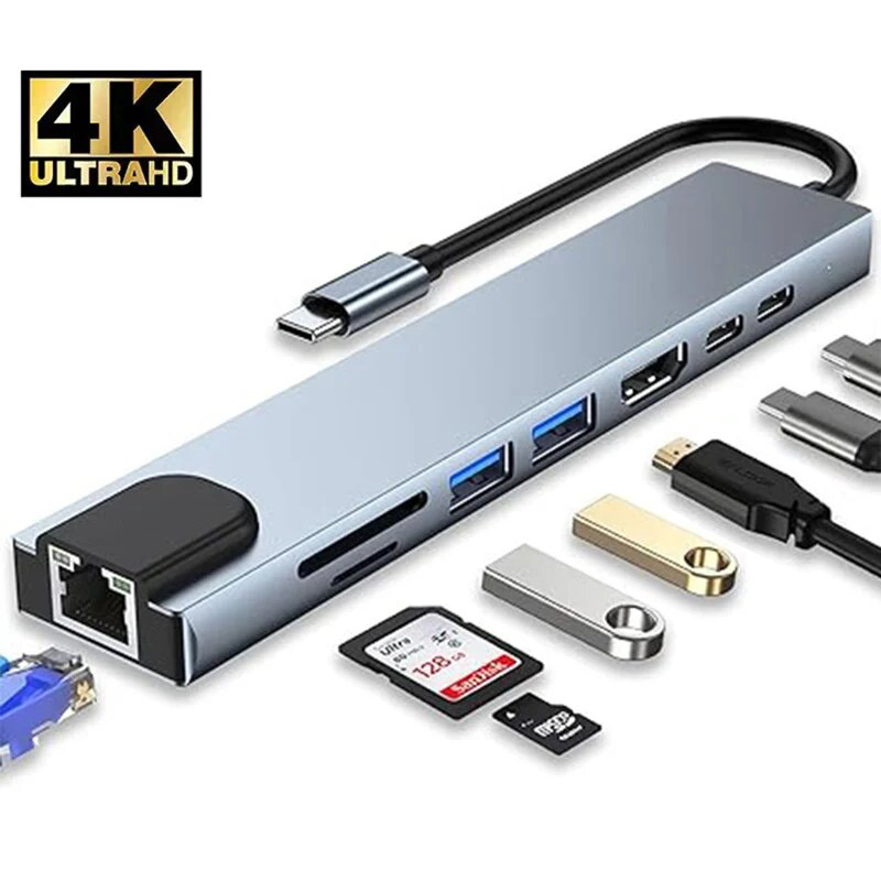 Koncentrator 8 w 1 USB typu C do wielu portów 4K HDMI RJ45 PD Charge Czytnik kart SD/TF typu C do USB Adapter stacji dokującej do komputera MacBook Air Pro